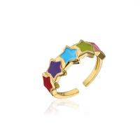 Brass Cuff Finger Ring, gold color plated, Adjustable & with star pattern & for woman & enamel 18mm 
