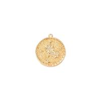 Brass Flower Pendants, Flat Round, gold color plated, DIY & with flower pattern 