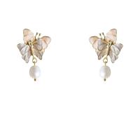 Freshwater Pearl Brass Earring, with pearl, Butterfly, real gold plated, Natural & fashion jewelry & for woman & enamel, 36mm 
