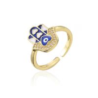 Brass Cuff Finger Ring, Evil Eye Hamsa, gold color plated, Adjustable & micro pave cubic zirconia & for woman & enamel Inner Approx 18mm 