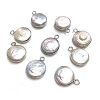 Cultured Freshwater Pearl Brass Pendant, with Brass, Flat Round, silver color plated, Natural & fashion jewelry & DIY 