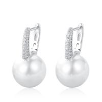 Cubic Zirconia Micro Pave Brass Earring, with Plastic Pearl, Round, plated, micro pave cubic zirconia & for woman 