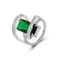 Cubic Zirconia Micro Pave Brass Finger Ring, platinum color plated & micro pave cubic zirconia & for woman, green 