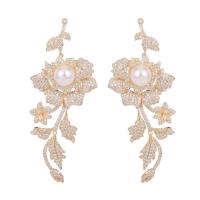 Cubic Zirconia Micro Pave Brass Earring, with Plastic Pearl, Rose, plated, micro pave cubic zirconia & for woman 