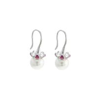 Sterling Silver Pearl Drop Earring, 925 Sterling Silver, with Shell Pearl, Flower, platinum plated & for woman 8mm 