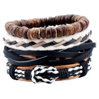 Cowhide Bracelets, with Linen & PU Leather & Wood & Zinc Alloy, 4 pieces & Adjustable & handmade & Unisex, 17-18cm,6cm 