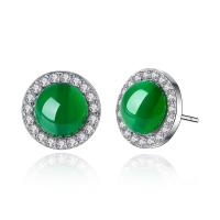 Agate Stud Earring, Brass, with Green Agate, platinum color plated, micro pave cubic zirconia, green 