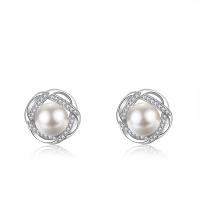 Cubic Zirconia Micro Pave Sterling Silver Earring, 925 Sterling Silver, with Shell Pearl, Flower, with plastic earnut & micro pave cubic zirconia & for woman 