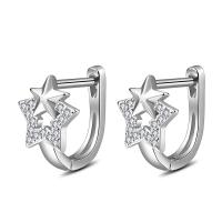 Sterling Silver Huggie Hoop Earring, 925 Sterling Silver, Star, platinum plated, micro pave cubic zirconia & for woman, 14mm 