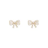 Cubic Zircon Brass Earring, with ABS Plastic Pearl, 925 thailand sterling silver post pin, Bowknot, real gold plated, fashion jewelry & for woman & with cubic zirconia, golden 