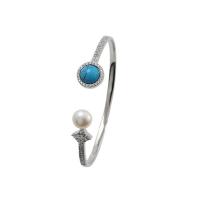 925 Sterling Silver Cuff Bangle, with Blue Goldstone & Freshwater Pearl, platinum plated, adjustable & micro pave cubic zirconia & for woman, 7mm, 11mm, 3mm, Inner Approx 53mm 