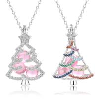 Christmas Jewelry Necklace, 925 Sterling Silver, with 1.96inch extender chain, Christmas Tree, platinum plated, oval chain & for woman & with rhinestone Approx 15.74 Inch 