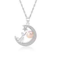 Sterling Silver Pearl Necklace, 925 Sterling Silver, with Freshwater Pearl, with 1.96inch extender chain, Moon, platinum plated, for woman & with rhinestone 7mm Approx 15.74 Inch 