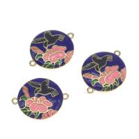 Enamel Brass Connector, Round, with flower pattern, mixed colors, 22mm 