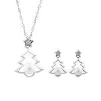 Sterling Silver Freshwater Pearl Jewelry Sets, 925 Sterling Silver, with Freshwater Pearl, with 1.96inch extender chain, Christmas Tree, platinum plated, Christmas jewelry & for woman & hollow Approx 15.74 Inch 