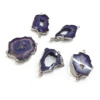 Natural Agate Druzy Connector, Purple Agate, Nuggets, silver color plated, purple, 20x50- 