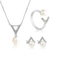 Sterling Silver Freshwater Pearl Jewelry Sets, 925 Sterling Silver, Stud Earring & finger ring & necklace, with Freshwater Pearl, with 1.96inch extender chain, Geometrical Pattern, platinum plated, three pieces & oval chain & for woman & with rhinestone US Ring  Approx 15.74 Inch 