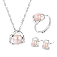 Sterling Silver Freshwater Pearl Jewelry Sets, 925 Sterling Silver, with Freshwater Pearl, with 1.96inch extender chain, Geometrical Pattern, platinum plated, three pieces & for woman & hollow, 13mm, 12.4mm, 12mm, US Ring  Approx 15.74 Inch 