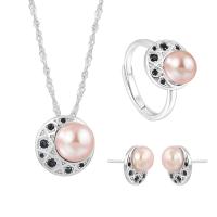 Sterling Silver Freshwater Pearl Jewelry Sets, 925 Sterling Silver, Stud Earring & finger ring & necklace, with Freshwater Pearl, Geometrical Pattern, platinum plated, three pieces & for woman & with rhinestone US Ring  Approx 17.7 Inch 