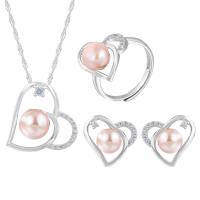 Sterling Silver Freshwater Pearl Jewelry Sets, 925 Sterling Silver, with Freshwater Pearl, with 1.96inch extender chain, Heart, platinum plated, three pieces & for woman & with rhinestone & hollow 7.5mm, US Ring  Approx 17.7 Inch 