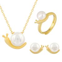 Sterling Silver Freshwater Pearl Jewelry Sets, 925 Sterling Silver, Stud Earring & finger ring & necklace, with Freshwater Pearl, with 1.96inch extender chain, Snail, plated, three pieces & for woman 7mm, US Ring  Approx 17.7 Inch 