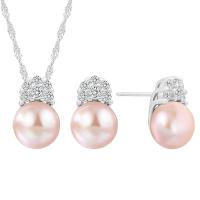 Sterling Silver Freshwater Pearl Jewelry Sets, 925 Sterling Silver, Stud Earring & necklace, with Freshwater Pearl, with 1.96inch extender chain, Round, platinum plated, 2 pieces & for woman & with rhinestone 13.6mm, 8.5mm Approx 17.7 Inch 