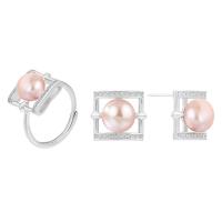 Sterling Silver Freshwater Pearl Jewelry Sets, 925 Sterling Silver, with Freshwater Pearl, Geometrical Pattern, platinum plated, 2 pieces & for woman & hollow 8mm, US Ring 