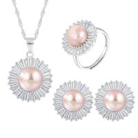 Sterling Silver Freshwater Pearl Jewelry Sets, 925 Sterling Silver, Stud Earring & finger ring & necklace, with Freshwater Pearl, with 1.96inch extender chain, Flower, platinum plated, three pieces & for woman US Ring  Approx 17.7 Inch 