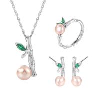 Sterling Silver Freshwater Pearl Jewelry Sets, 925 Sterling Silver, Stud Earring & finger ring & necklace, with Freshwater Pearl, with 1.96inch extender chain, Bamboo, platinum plated, three pieces & for woman 7.8mm US Ring  Approx 15.74 Inch 