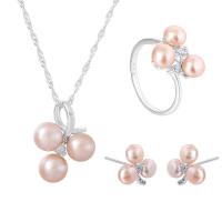 Sterling Silver Freshwater Pearl Jewelry Sets, 925 Sterling Silver, Stud Earring & finger ring & necklace, with Freshwater Pearl, platinum plated, three pieces & for woman US Ring  Approx 17.7 Inch 