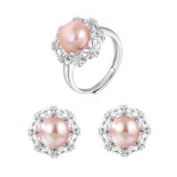 Sterling Silver Freshwater Pearl Jewelry Sets, 925 Sterling Silver, Stud Earring & finger ring, with Freshwater Pearl, Flower, platinum plated, 2 pieces & for woman 9.5mm, US Ring 