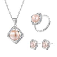 Sterling Silver Freshwater Pearl Jewelry Sets, 925 Sterling Silver, Stud Earring & finger ring & necklace, with Freshwater Pearl, with 1.96inch extender chain, Geometrical Pattern, platinum plated, three pieces & for woman & with rhinestone & hollow 15mm, 13mm, US Ring  Approx 15.74 Inch 