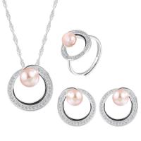 Sterling Silver Freshwater Pearl Jewelry Sets, 925 Sterling Silver, Stud Earring & finger ring & necklace, with Freshwater Pearl, with 1.96inch extender chain, Donut, platinum plated, three pieces & for woman & with rhinestone & hollow US Ring  Approx 17.7 Inch 
