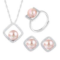 Sterling Silver Freshwater Pearl Jewelry Sets, 925 Sterling Silver, Stud Earring & finger ring & necklace, with Freshwater Pearl, with 1.96inch extender chain, Geometrical Pattern, platinum plated, three pieces & for woman & with rhinestone & hollow US Ring  Approx 17.7 Inch 