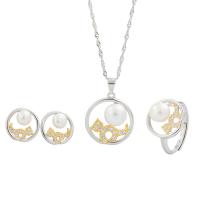 Sterling Silver Freshwater Pearl Jewelry Sets, 925 Sterling Silver, Stud Earring & finger ring & necklace, with Freshwater Pearl, plated, three pieces & for woman & with rhinestone & hollow, 12.5mm 14mm, US Ring  Approx 15.7 Inch 