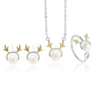 Sterling Silver Freshwater Pearl Jewelry Sets, 925 Sterling Silver, Stud Earring & finger ring & necklace, with Freshwater Pearl, with 1.96inch extender chain, Antlers, platinum plated, three pieces & Christmas jewelry & for woman   6mm, US Ring  Approx 15.7 Inch 