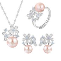 Sterling Silver Freshwater Pearl Jewelry Sets, 925 Sterling Silver, Stud Earring & finger ring & necklace, with Freshwater Pearl, with 1.96inch extender chain, Flower, platinum plated, three pieces & for woman & with rhinestone US Ring  Approx 17.7 Inch 