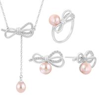 Sterling Silver Freshwater Pearl Jewelry Sets, 925 Sterling Silver, Stud Earring & finger ring & necklace, with Freshwater Pearl, with 1.96inch extender chain, Bowknot, platinum plated, three pieces & for woman & with rhinestone & hollow US Ring  Approx 17.7 Inch 