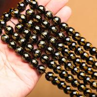 Perles obsidienne noire, Rond, vernis au four, DIY & normes différentes pour le choix & or accentué, noire, Vendu par brin