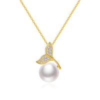 Sterling Silver Pearl Necklace, 925 Sterling Silver, with pearl, with 2.36 extender chain, Mermaid tail, plated, fashion jewelry & for woman & with cubic zirconia, Crystal Golden Shadow (Steel) .75 Inch 
