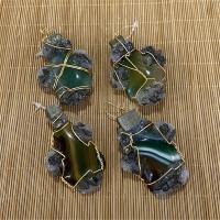 Ice Quartz Agate Pendants, with Brass, irregular, gold color plated, green, 35-45x68-78mm 