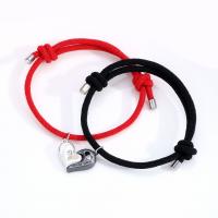 Couple Bracelet, Zinc Alloy, with Wax Cord, Heart, plated, 2 pieces & adjustable & for couple & with rhinestone & hollow 65-80mm 