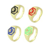 Cubic Zirconia Micro Pave Brass Finger Ring, Moon and Star, gold color plated, micro pave cubic zirconia & enamel 13mm, US Ring 
