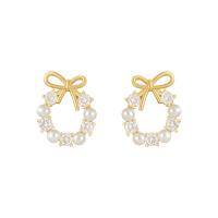 Zinc Alloy Rhinestone Stud Earring, with Plastic Pearl, Bowknot, gold color plated, for woman & with rhinestone & hollow, 15mm 