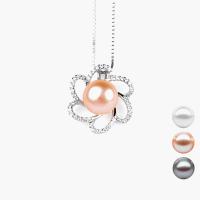 Cultured Pearl Sterling Silver Pendants, 925 Sterling Silver, with Freshwater Pearl, Flower, with rhinestone 