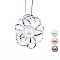 Cultured Pearl Sterling Silver Pendants, 925 Sterling Silver, with Freshwater Pearl, Flower, with rhinestone 