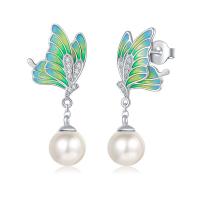 Cubic Zirconia Micro Pave Brass Earring, with Cubic Zirconia & Plastic Pearl, brass post pin, Butterfly, platinum plated, green 
