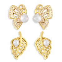 Cubic Zirconia Micro Pave Brass Earring, with Plastic Pearl, gold color plated, fashion jewelry & micro pave cubic zirconia, golden 