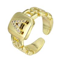 Brass Cuff Finger Ring, gold color plated, Adjustable & with letter pattern & micro pave cubic zirconia, US Ring 