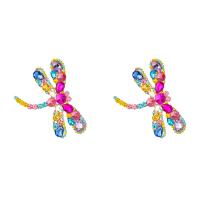 Zinc Alloy Rhinestone Stud Earring, Dragonfly, gold color plated, for woman & with rhinestone 